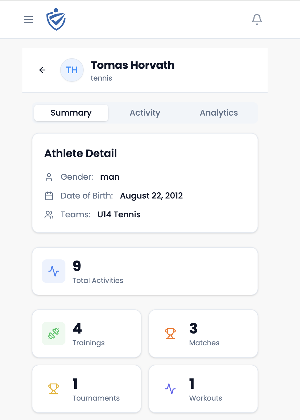 Trainlytix athlete profile showing an athlete's teams, total activities, trainings, matches and tournaments