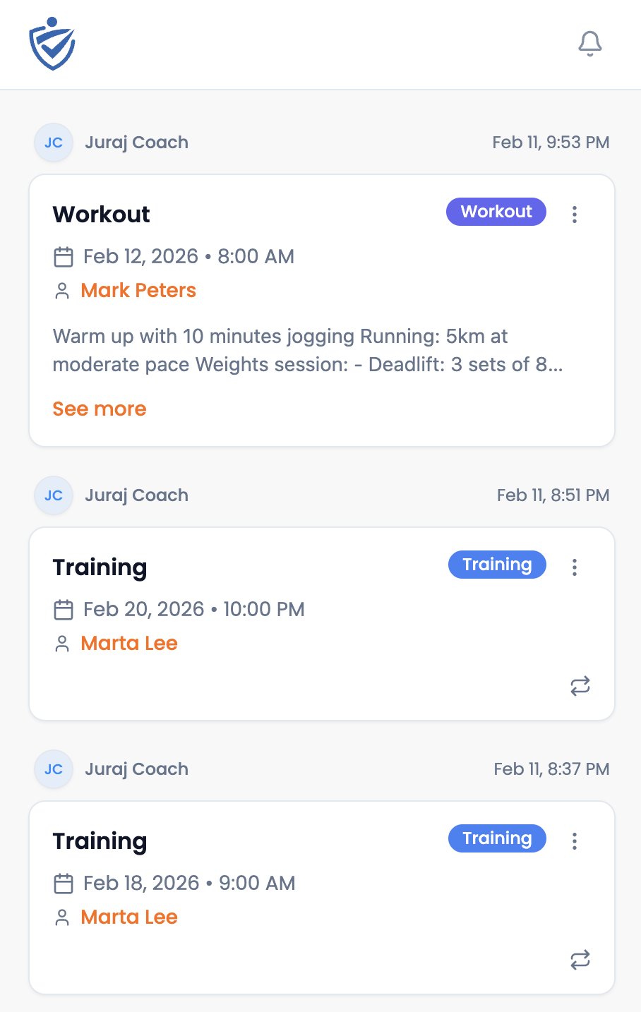 Trainlytix workout log entries with full session descriptions and repeating training sessions