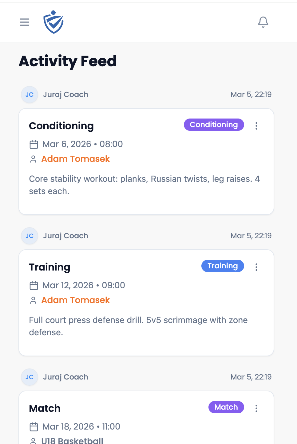 Trainlytix activity feed showing conditioning, training and match records logged by a coach for named athletes